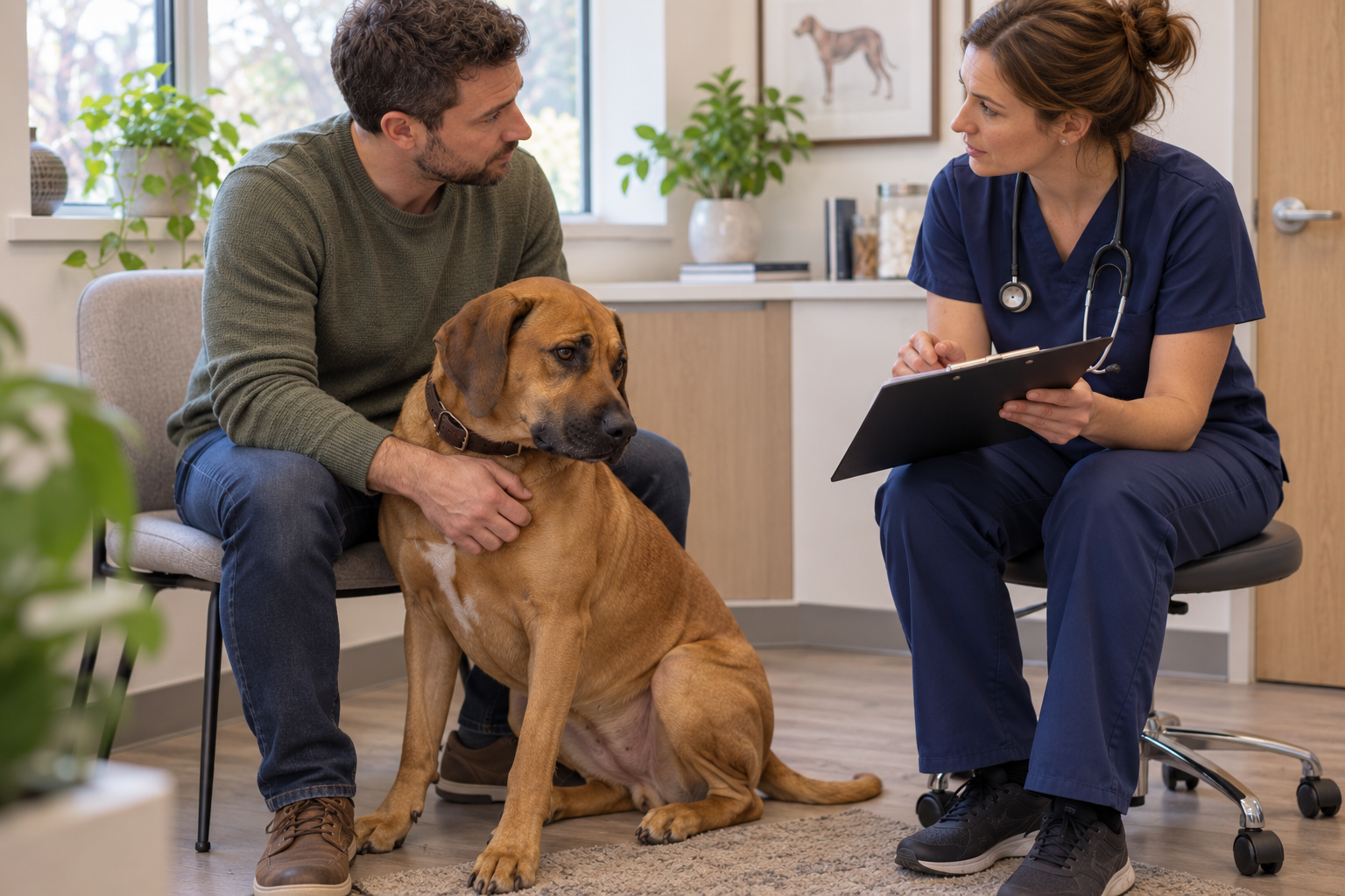 Veterinárka vysvetľuje majiteľovi výsledky vyšetrenia chorej sučky